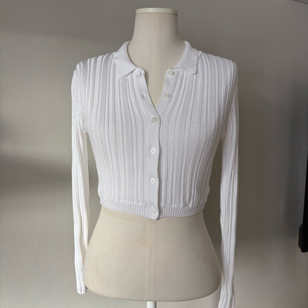 Urban Outfitters Cropped Ribbed Collared Cardigan White Long Sleeve Size M